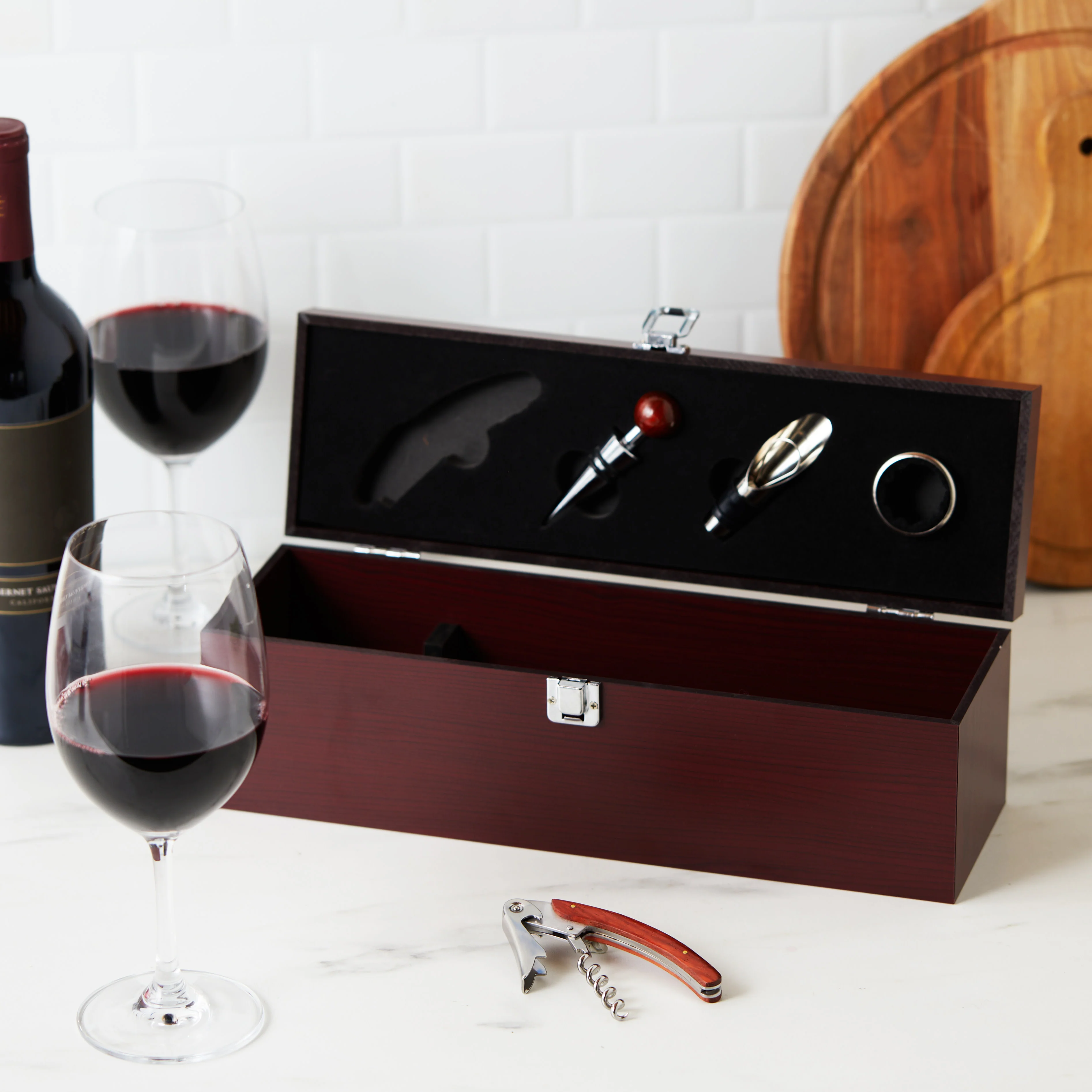 Cherry Single Bottle Box & Wine Tool Gift Set - Image 4