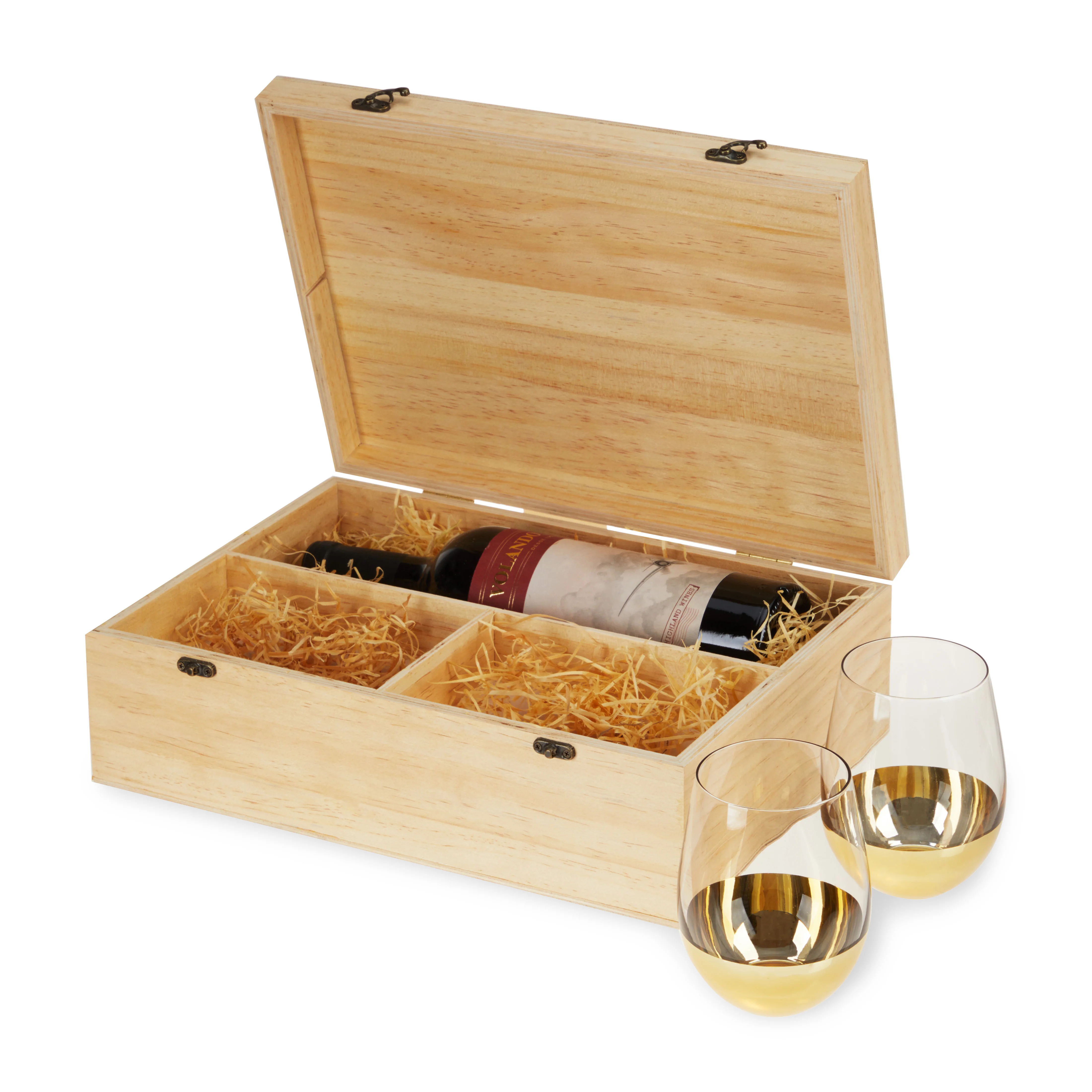 Single Bottle Wooden Wine Box with Two Stemless Wine Glass Set - Image 3