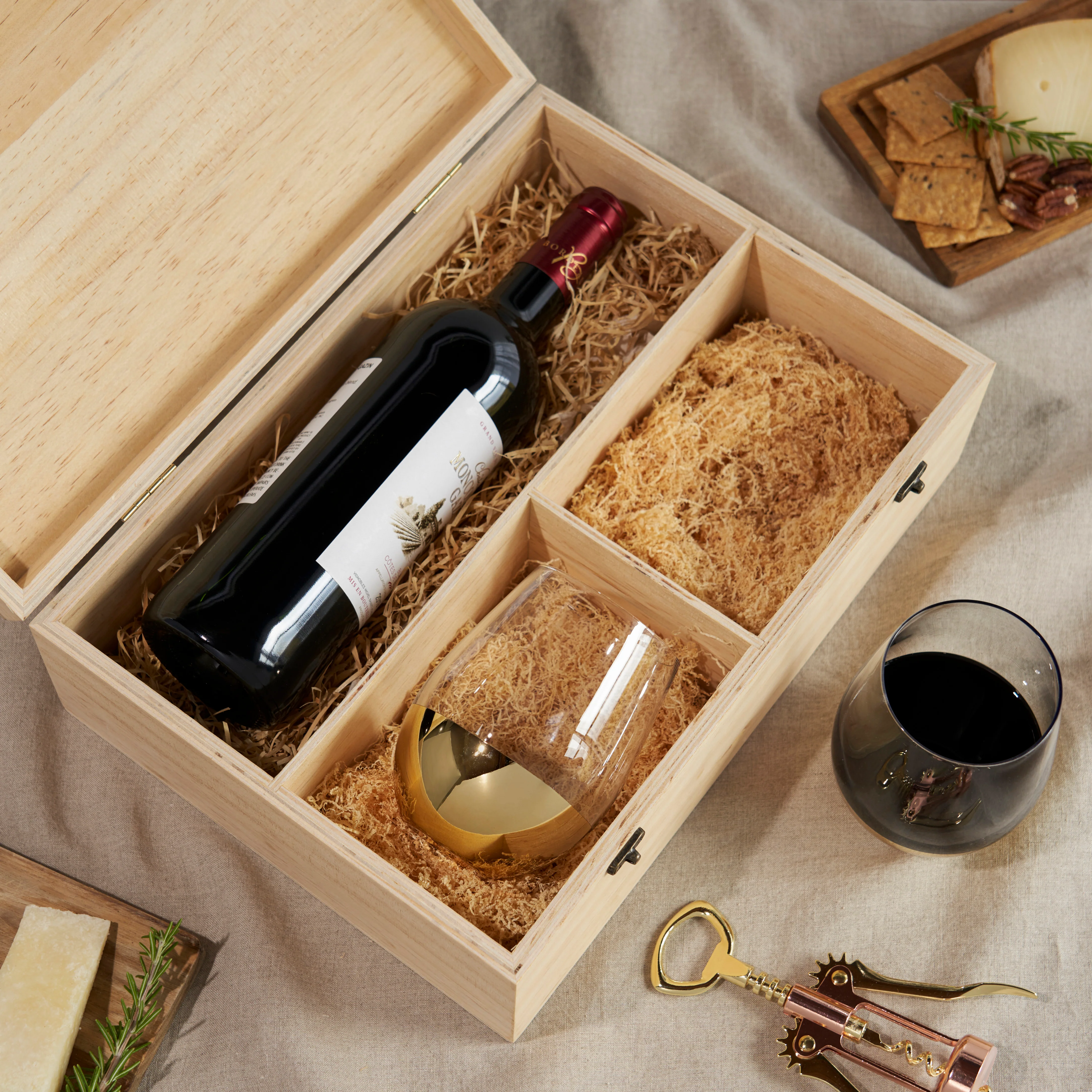 Single Bottle Wooden Wine Box with Two Stemless Wine Glass Set - Image 5
