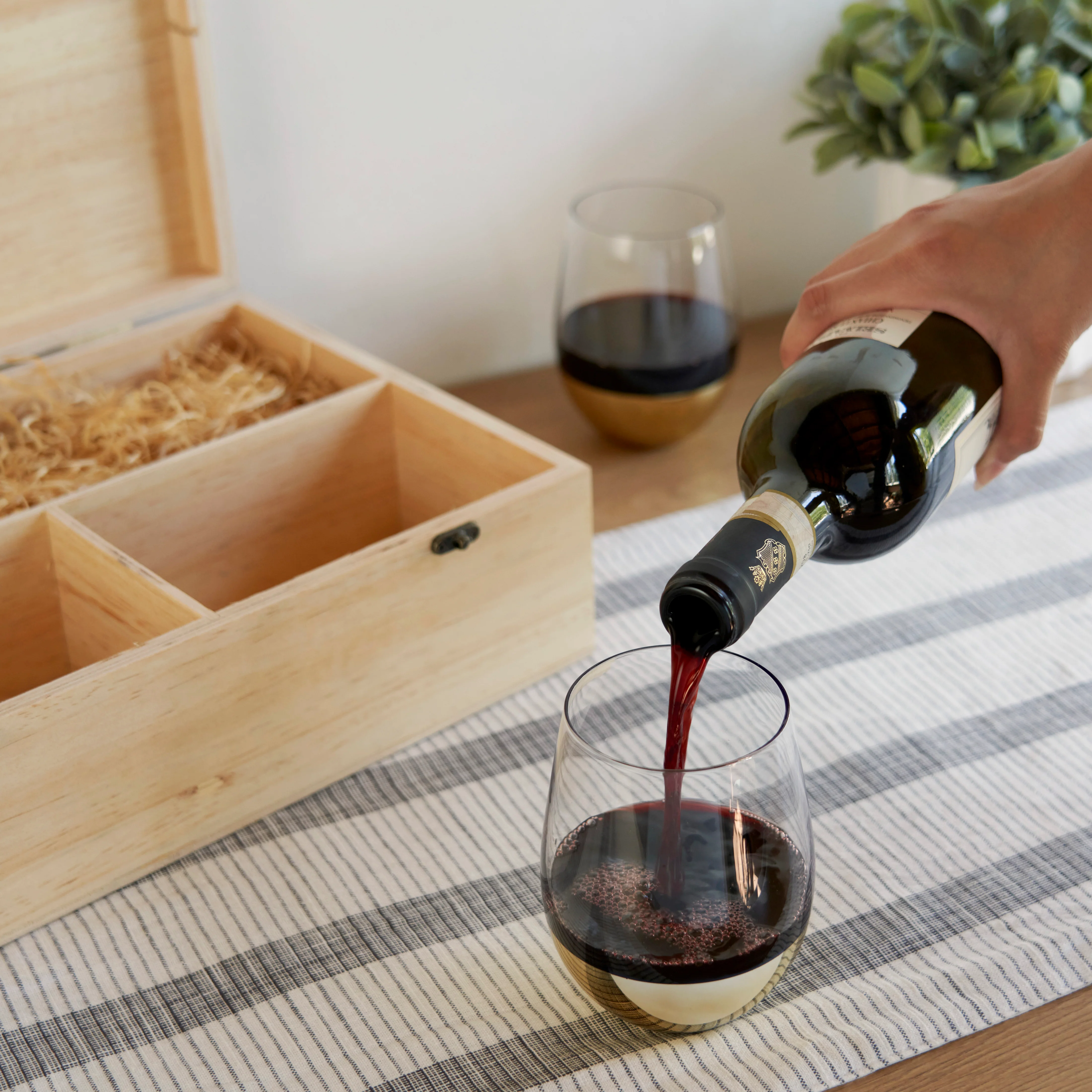 Single Bottle Wooden Wine Box with Two Stemless Wine Glass Set - Image 6