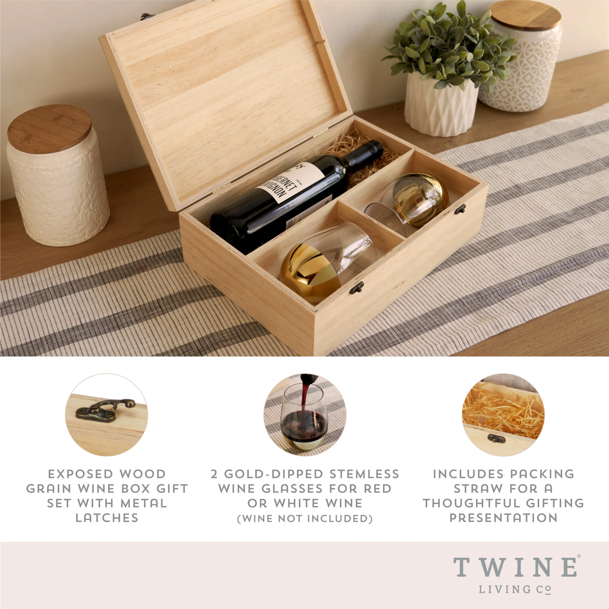 Single Bottle Wooden Wine Box with Two Stemless Wine Glass Set - Image 7